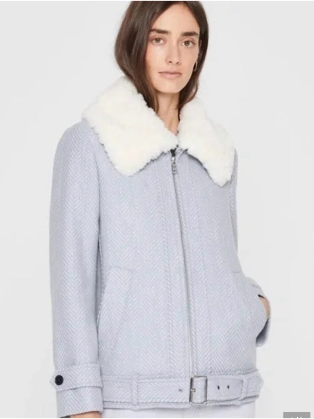 Club Monaco Pale Blue Teddy Jacket with White Faux Fur Collar
